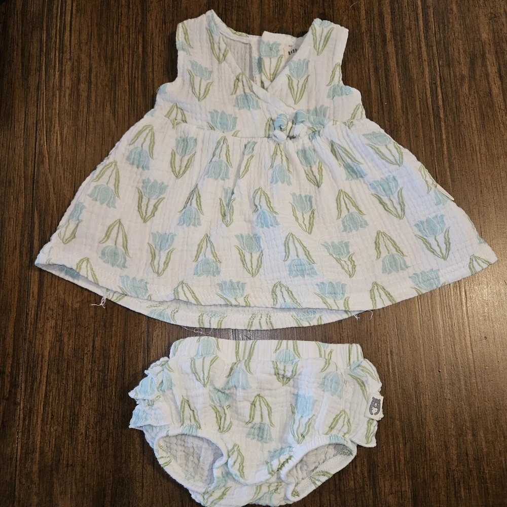Charming Blue and Green Floral Dress Set